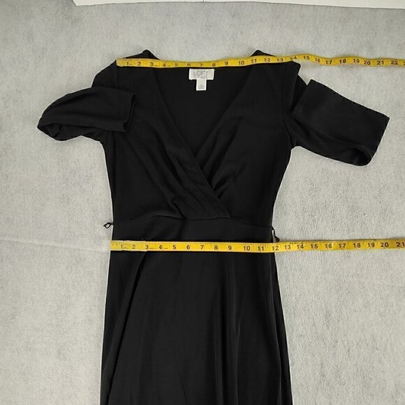 Ann Taylor Loft Women's Black Faux Wrap Surplice Neckline Midi Dress Size 0P - Picture 10 of 13